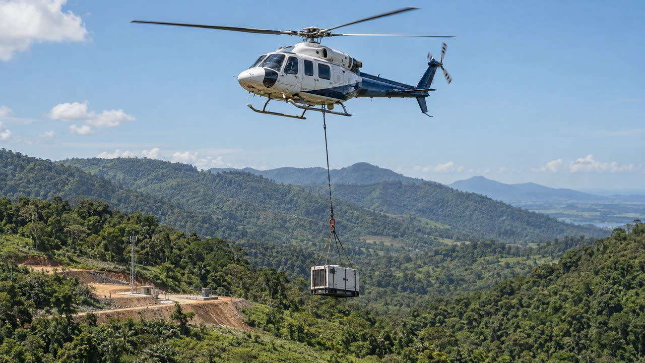 Helicóptero monomotor levando equipamento no gancho de carga sobre morros cobertos de mata