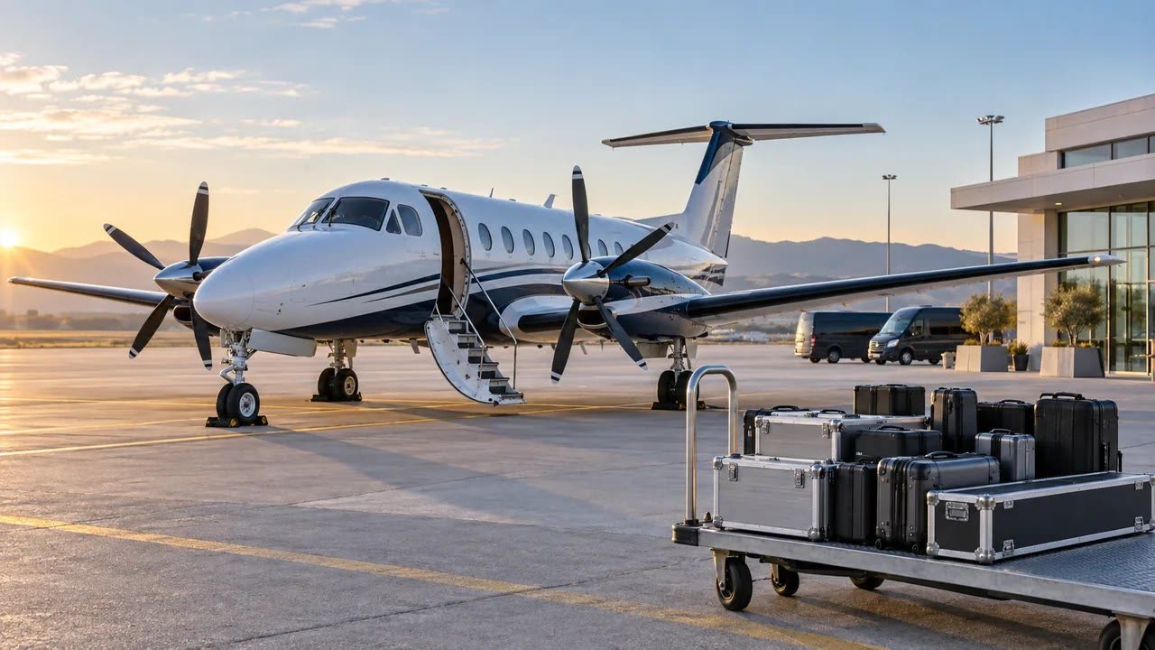 Avião bimotor turboélice com a escada aberta no pátio, ao lado de carrinho com malas e cases