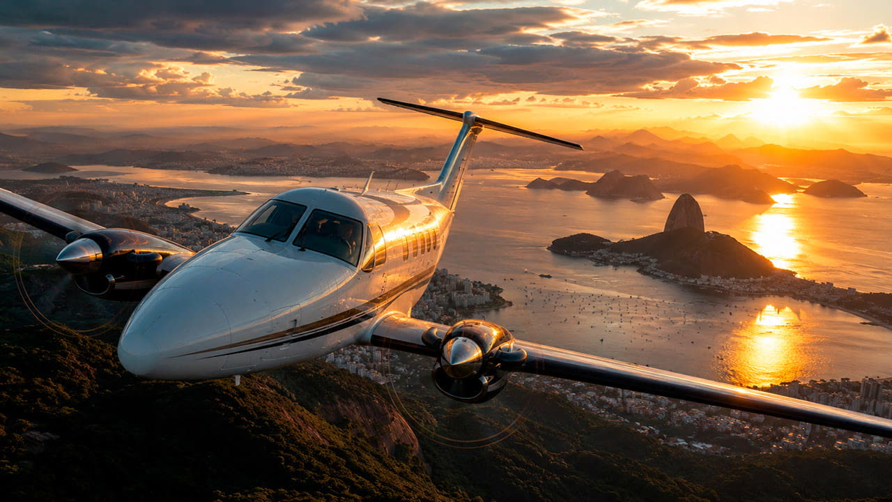 Avião bimotor turboélice voando ao pôr do sol sobre a Baía de Guanabara, com o Pão de Açúcar ao fundo