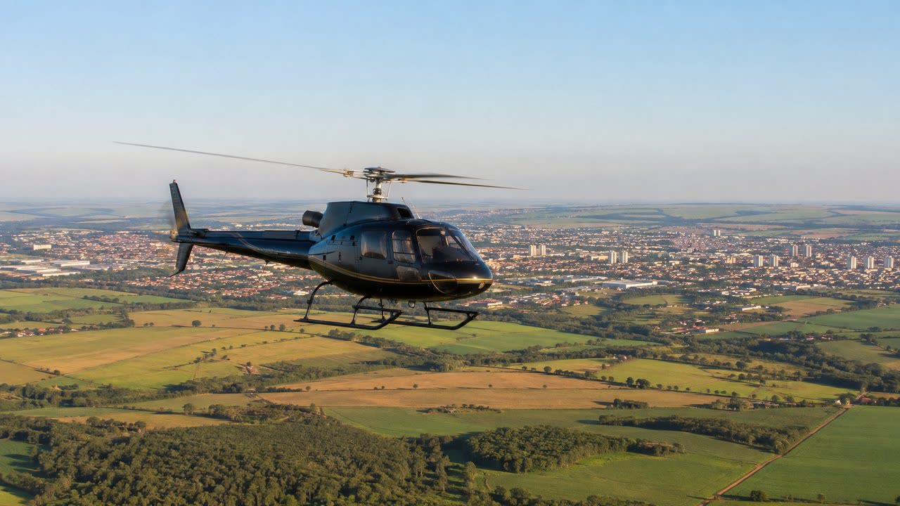 Helicóptero monomotor preto sobre campos agrícolas, com a cidade de Barretos ao fundo