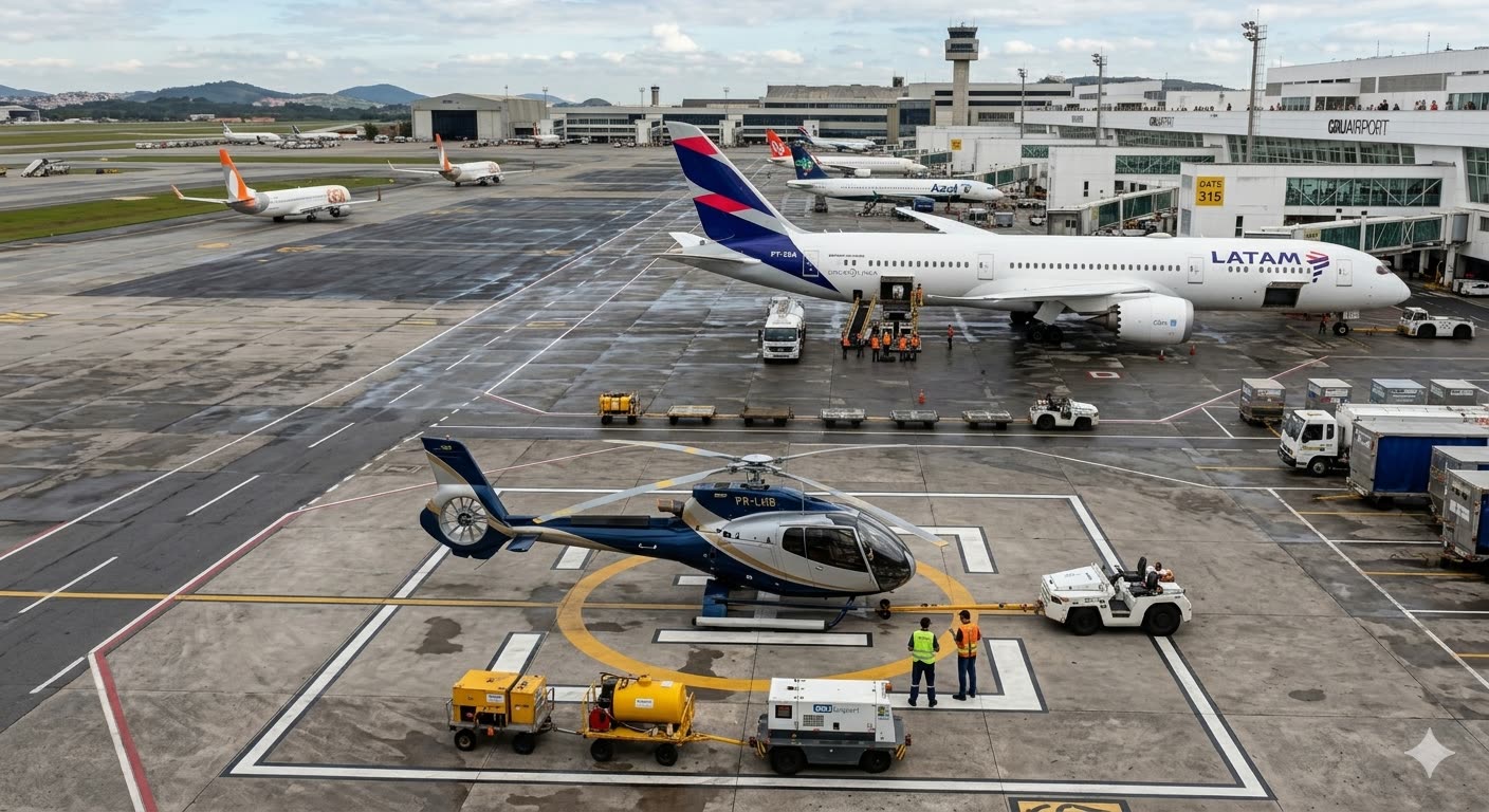 Helicóptero azul e prata em heliponto no pátio de um grande aeroporto, entre jatos comerciais