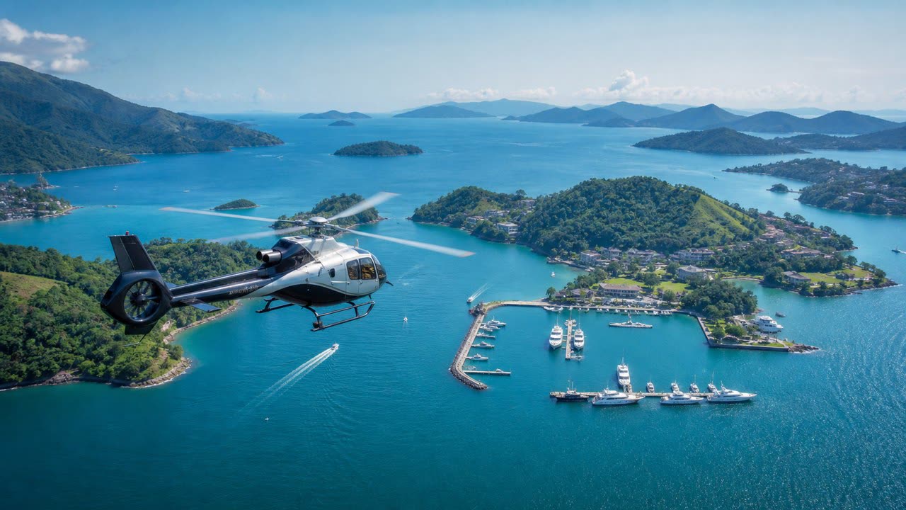 Helicóptero sobre baía de águas azuis com ilhas verdes e marina de iates no litoral fluminense