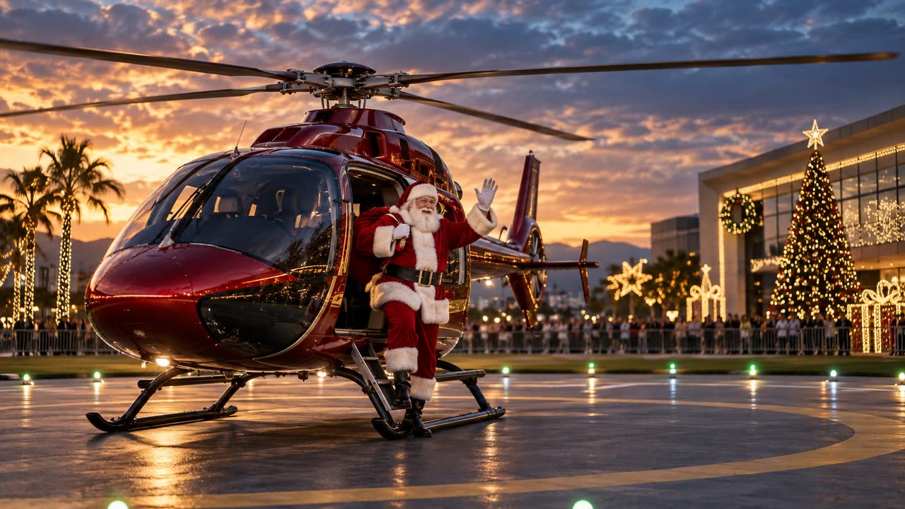 Papai Noel acenando da porta de helicóptero vermelho, em heliponto com árvore de Natal iluminada