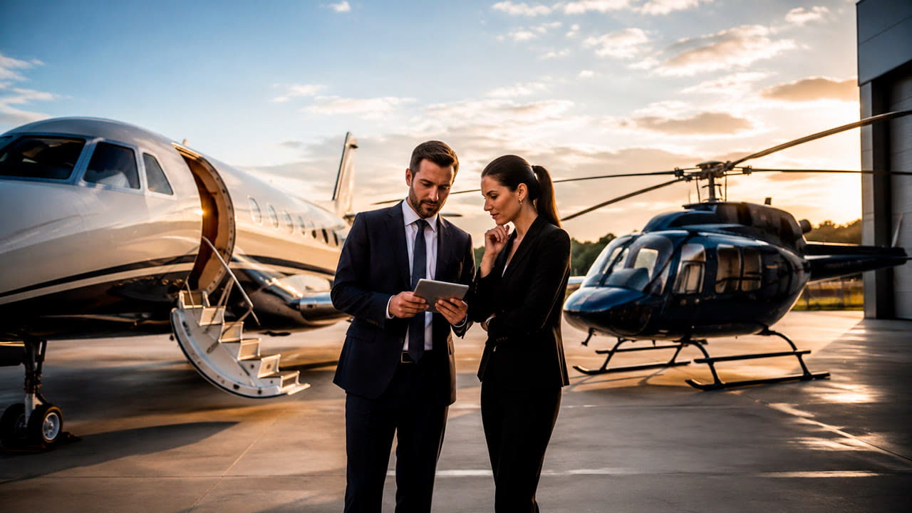 Casal de executivos consulta um tablet no pátio, entre jato executivo de porta aberta e helicóptero