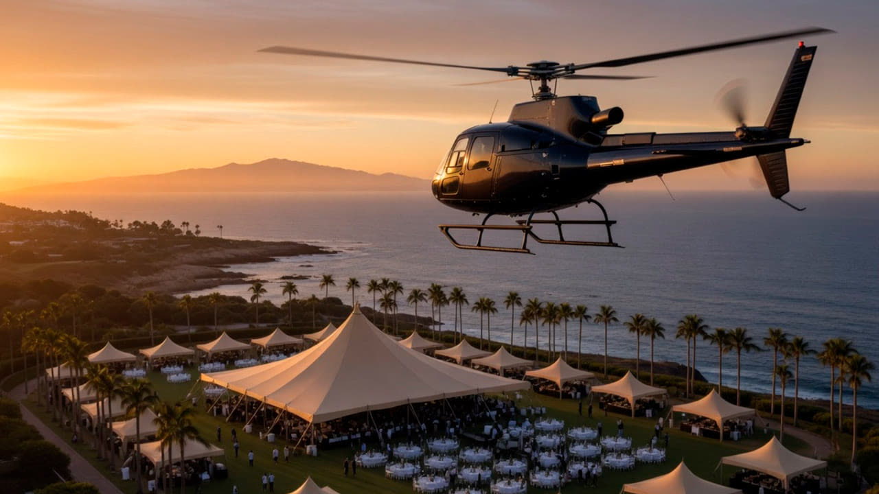 Helicóptero sobrevoando festa ao ar livre com tendas e mesas à beira-mar, ao pôr do sol