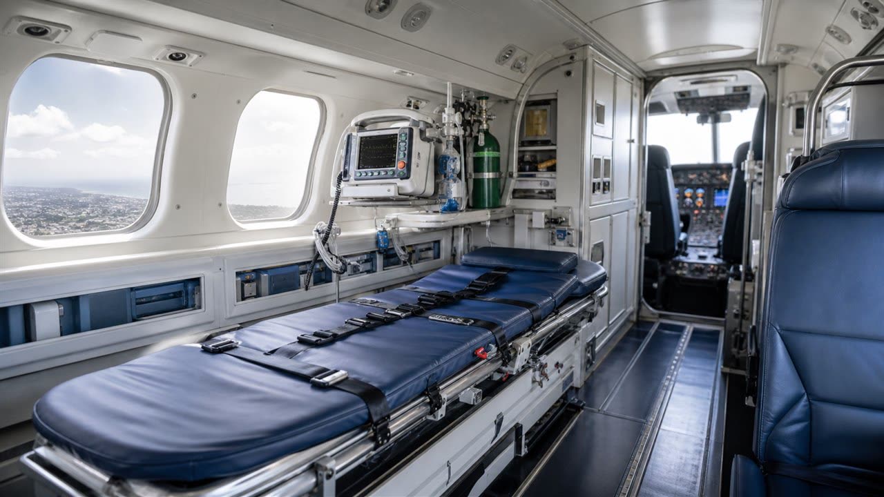 Interior de avião UTI com maca, monitor multiparamétrico e cilindro de oxigênio junto à cabine